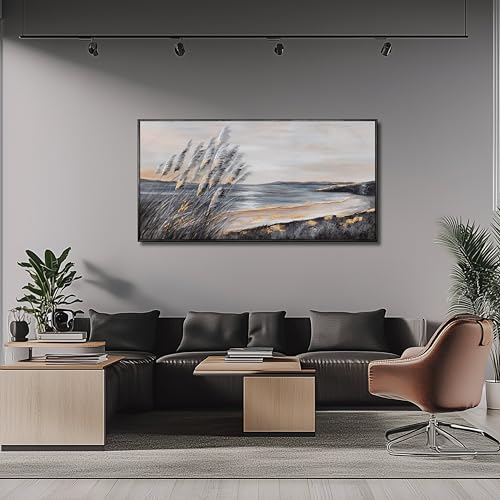 Ocean Wall Art Grey and Black Wall Decor Framed art Aesthetic Coastal Canvas Painting for Living Room Bedroom Dining Room Office Home Decor 24x48 Inch