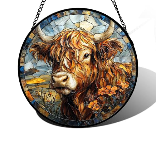 Scottish Highland Cow Stained Glass Window Hanging Suncatcher Gifts 12"