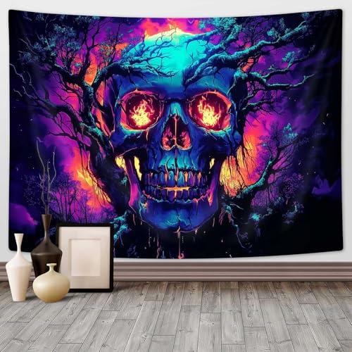 Blacklight Fire Skull Tapestry for Bedroom
