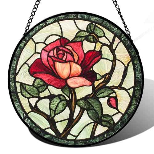 Stained Glass Window Hanging Red Rose Suncatcher Gifts for Women 15"