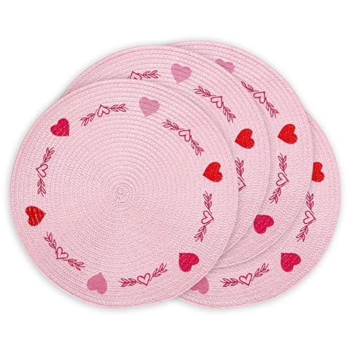 4Pcs Round Valentine Placemats Red Pink Heart Embroidered Place Mats Decorative Dinner Table Mats for Home Wedding Anniversary Party Decor (4 Count)
