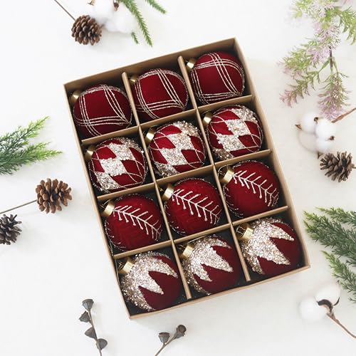 3.15IN Velvet Christmas Ornaments with Glitter (12 Count)