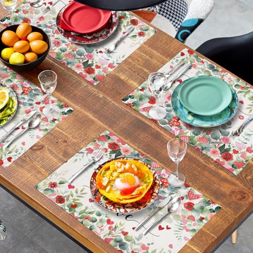 Valentines Day Love Heart Rose Placemats Set of 4 Valentine Eucalyptus Leaves Linen Table Mats Heat 12x18 Inch Spring Resistant Washable Table Mats for Kitchen Dining Decoration (4 Count)
