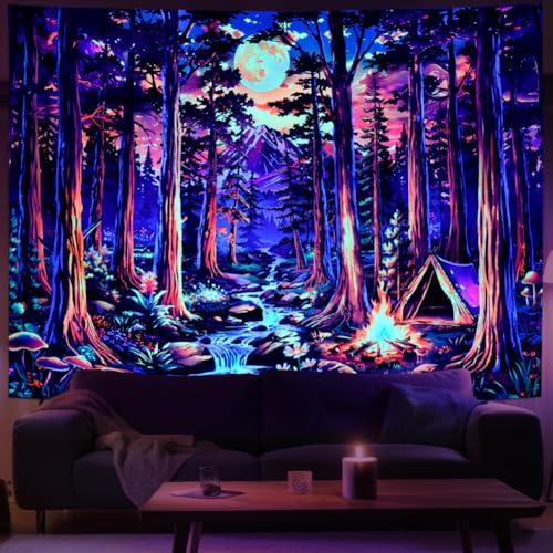 Blacklight Fantasy Forest Tapestry UV Reactive Galaxy Space Moon Tapestry Trippy Pine Trees Wall Tapestries Nature Landscape Mountain River Tapestries Wall Hanging for Bedroom