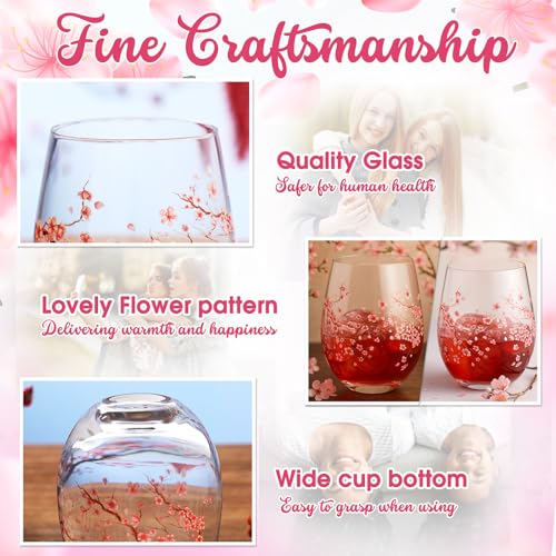2 Pack 17oz Cherry Blossom Stemless Wine Glasses Floral Drinking Glasses Cherry Blossom Tumbler Cups for Wedding Birthday Gift Parties Supplies (2 Count)