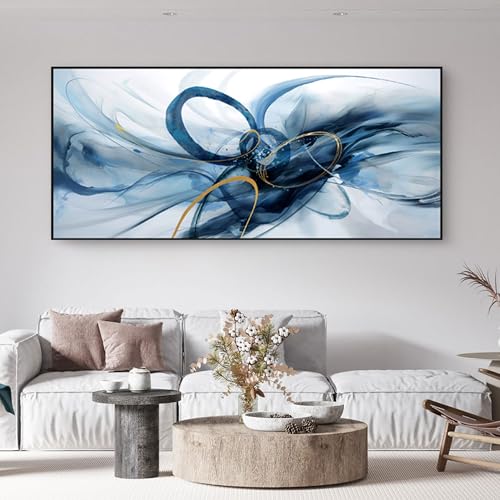 Extra‑Large Abstract Canvas Wall Art Navy Blue and Gold 86x39 Inch