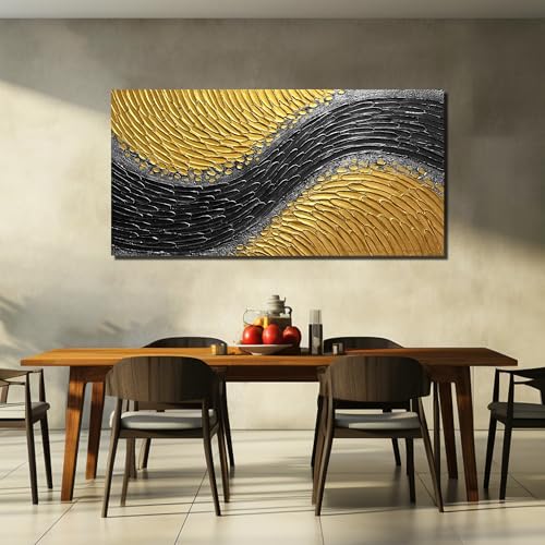 Black and Gold Hand Painted Oil Painting for Bedroom Abstract Pictures for Living Room Large 3D Textured Canvas Wall Art for Office Size 29 x 58 Inch