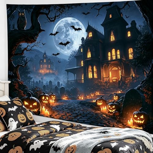 Spooky Halloween Wall Tapestry for Living Room Black Castle Bat with Pumpkin and Moon Tapestry Wall Hanging Spooky Forest Art Decor for Bedroom