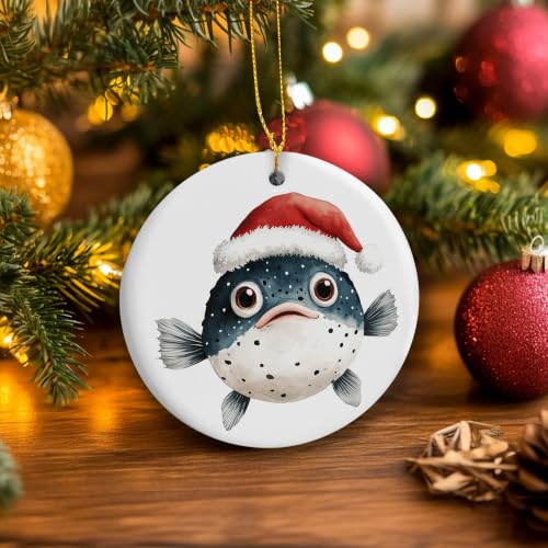 Funny Santa Pufferfish Christmas Ceramic Ornament