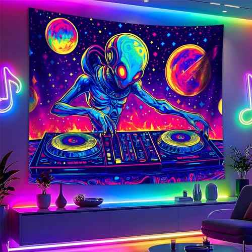Blacklight Space Astronaut Tapestry UV Reactive Galaxy Planet Glow in Dark Tapestries Black Light Poster Neon Wall Hanging Art for bedroom Living Room