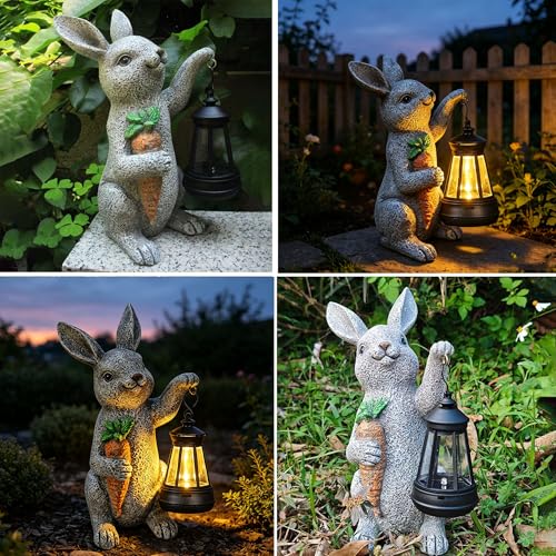 Solar Rabbit Garden Statue with Lantern Bunny & Carrot