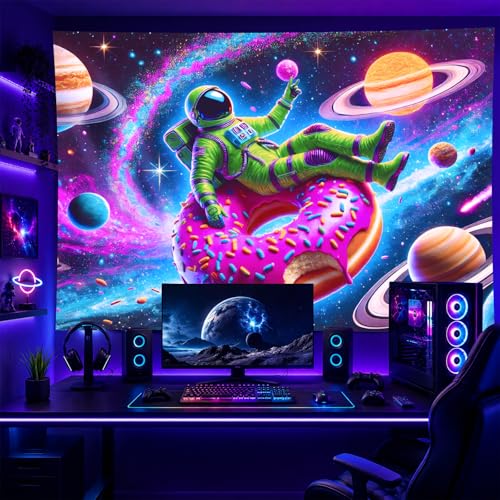Blacklight Tapestry Astronaut Donut Glow Backdrop 78 x 59 Inch