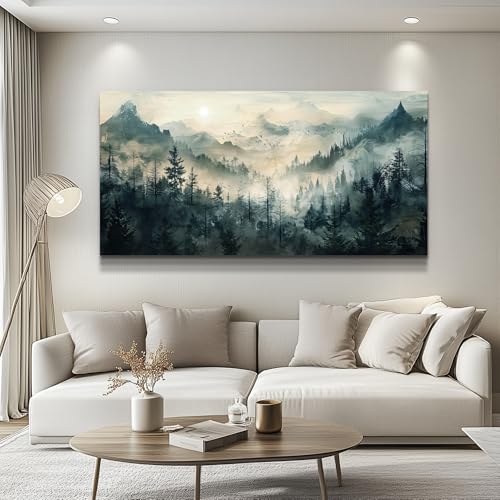 Misty Forest Wall Art Home Decor Mountain View Large Canvas Wall Painting Nature Landscape Painting For Living Room Bedroom Office Modern Printed Artwork Can Be Hung Directly 24x48 Inches
