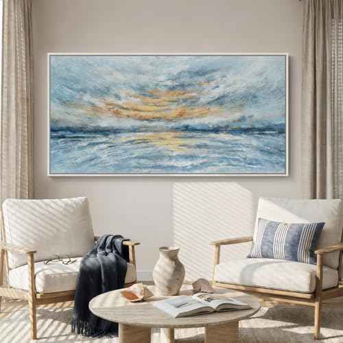 Extra Large Framed Blue Coastal Abstract Wall Art for Living Room