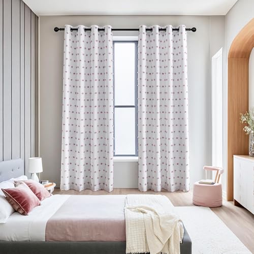 Total Blackout Curtains for Girls Bedroom with Purple Pom Pom Sheer 90 Inch Long 100% Light Blocking Curtains for Living Room 2 Panels Room Darkening Grommet Double Layer Drapes 50" x 90" (2 Count)