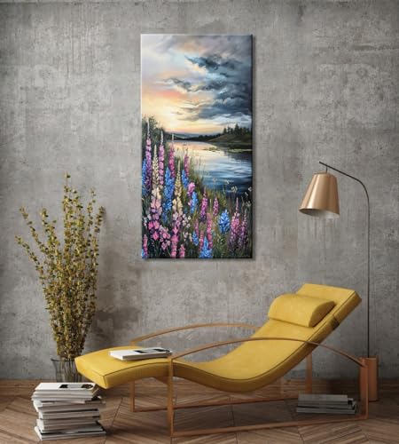 Beautiful Colorful Grassland by Riverbank Landscape Wall Art Decor Artwork for Bedroom