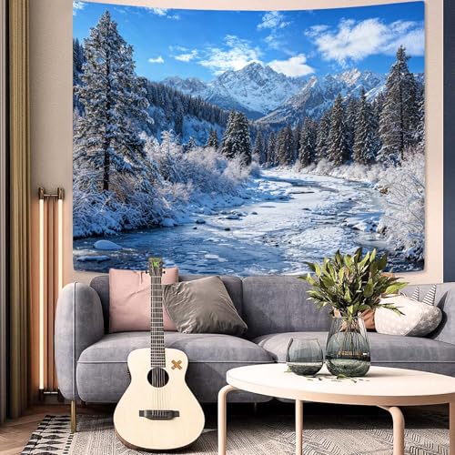 Winter Forest Snow Mountain Tapestry Snowy Pine Tree Woodland Tapestry for Bedroom Aesthetic White Clouds Flowing River Landscape Tapestries Wall Hanging for Living Room Dorm Office 60 x 44 Inch