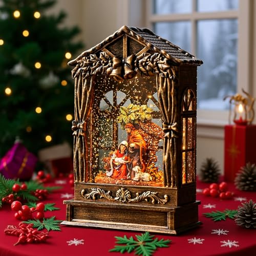 Christmas Snow Globe Swirling Glittering Holy Family Manger Scene