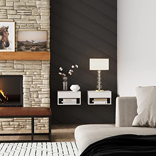 Jackson Wall Mounted Floating Bedroom Nightstand with Storage Drawer and Modern Open Shelf Cubby Set of 2