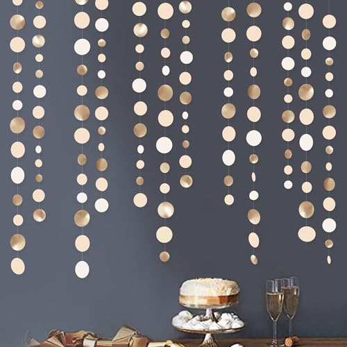 Champagne Gold Party Decorations Circle Dots Garland Gold Neutral Nude Neutral Cream Beige Boho Hanging Polka Dot Streamer for Bridal Shower Birthday Wedding Engagement Party Supplies