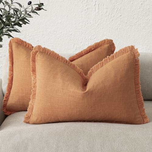 Boho Linen Fringe Lumbar Throw Pillow Covers 12×20 Dusty Orange (2 Count)
