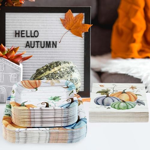200Pcs Fall Plates and Napkins Square Blue Pumpkins Plate Thanksgiving Paper Plates Pumpkin Wood Grain Dinnerware for Baby Shower Fall Harvest Family Thanksgiving Party Decorations (200 Count)