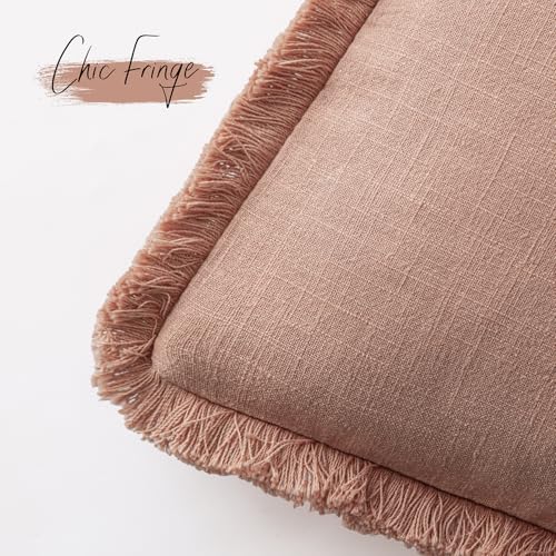Decorative Linen Fringe Throw Pillow Covers 24×24 Coral Pink (2 Count)