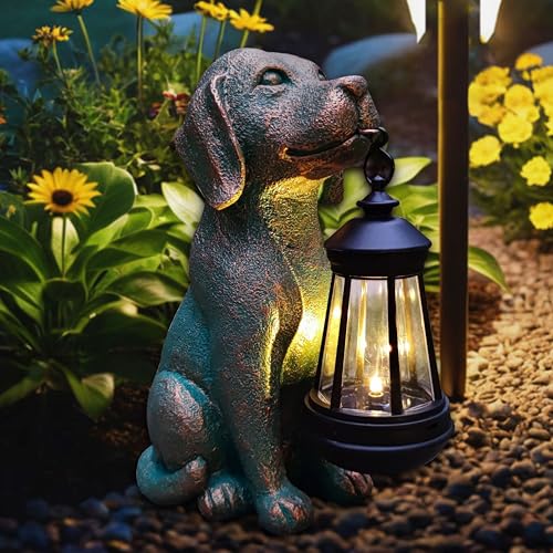 Dog Garden Statue Outdoor Décor with Solar Lights Lantern