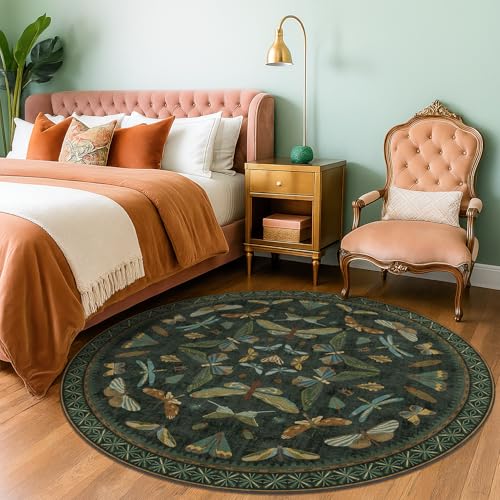 Dark Green Insect 6ft Round Washable Area Rug for Living Room (36 Sq Ft)