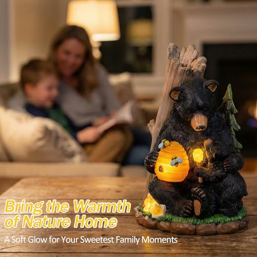 Solar Bear Garden Statue with Glowing Beehive & Cub
