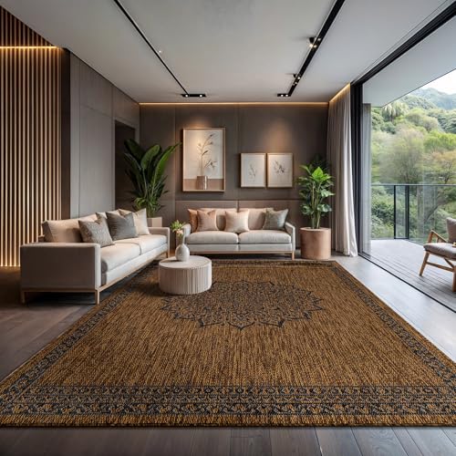 Outdoor Rug 10x14 Medallion Gold Modern Large Area Rugs for Indoor and Outdoor Patios Kitchen and Hallway Mats Washable Porch Deck Outside Carpet (140 Sq Ft)