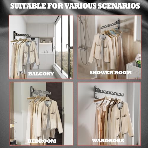 Wall Mount Coat Hanger Holder Black Clothes Drying Organizer Rack Garment Hooks Aluminium Retractable Folding Indoor Wall Mounted Hanger for Laundry Room Bedroom Black 2Pack with 80cm Rod