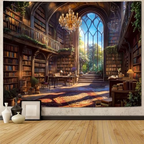 Vintage Library Tapestry Medieval Bookshelf Tapestries Wall Hanging Fantasy Academia Hall Book Backdrop Extra Large Tapestry for Bedroom Living Room Dorm Classroom 90 x 68 inch
