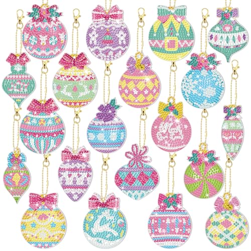 20 Pcs Christmas Diamond Painting Keychain Kits 5D DIY Diamond Art Pendants Double Sided Hanging Key Chains for Christmas Party Decoration DIY (20 Count)