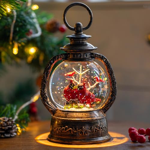 Christmas Snow Globe Lantern Water Glittering Cardinal with Music