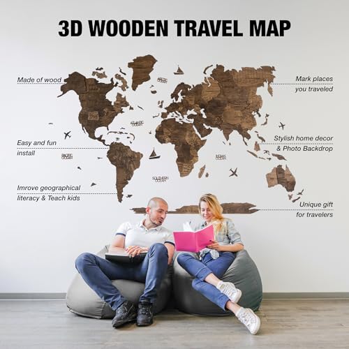 Handmade 3D Wood World Map Wall Art Large Wall Decor Track Your World Travels
