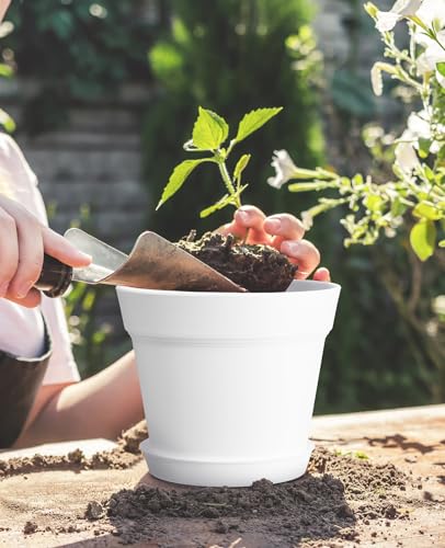 7.5 Inch Plastic Flower Pots with Drainage Holes and Trays (8 Count)