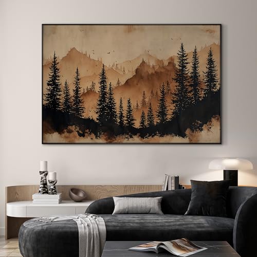 46"x72" Extra Large Framed Wall Art Rustic Mountain Pine Forest Silhouette in Warm Earth Tones for Home Living Room Bedroom Decor