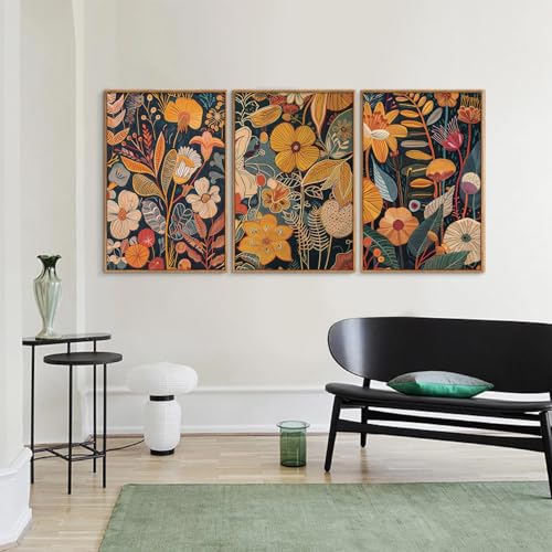 Orange Floral Framed Canvas Wall Art Set of 3 (3 Count)