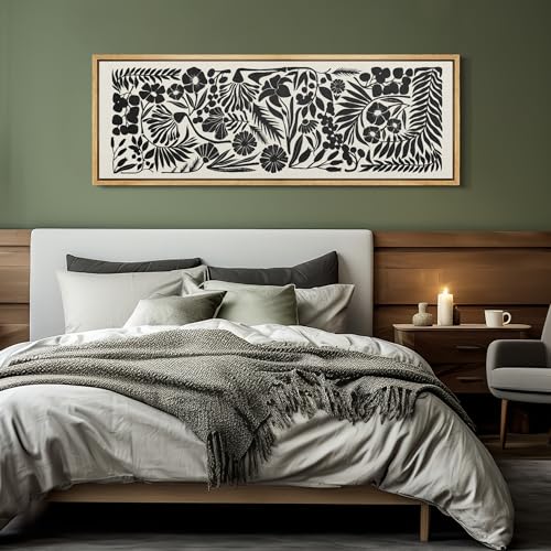Large Framed Canvas Print Wall Art Monochrome Botanicals Black and White Floral Illustrations Antique Retro Fine Art Illustrations Decorative Colorful for Bedroom