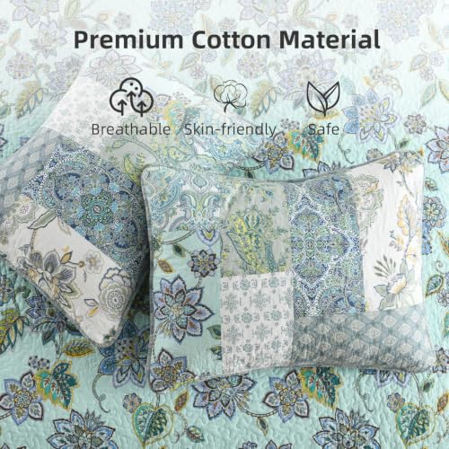 3 Piece Quilt Set King Size Patchwork Paisley Turquoise Floral