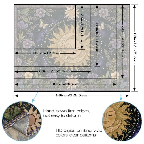 Boho Vintage Sun and Moon Hippie Purple Floral Tapestry 80 x 60 Inch