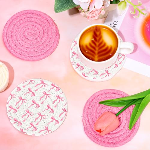 Pink Bow Coasters Handmade Braided Cotton Coasters Round Absorbent Bowknot Coquette Drink Mats for Mother's Day Valentine Birthday Wedding Baby Shower Party Home Office Table Decor (4 Count)