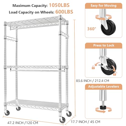 Heavy Duty Rolling Garment Rack 3 Tiers Adjustable Wire Shelving Clothes Rack with 2 Rods and Side Hooks