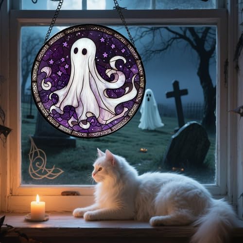 Halloween Purple Ghost Stained Glass Window Hanging Suncatcher Gifts 12"