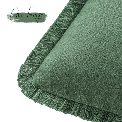 Boho Linen Fringe Lumbar Throw Pillow Covers 12×20 Pine Green (2 Count)