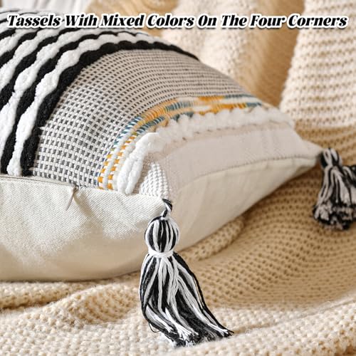 Chenille Striped Textured Boho Throw Pillow Covers Aesthetic with Tassels Woven Decorative Pillow Case for Couch Bed Sofa Bedroom Modern Funky 14 x 36