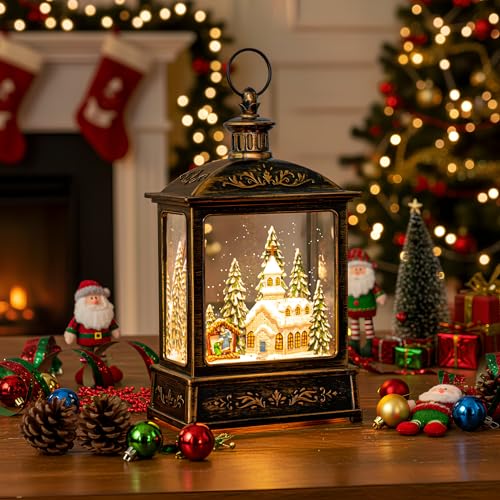 Christmas Snow Globe Lantern Water Glittering Churche & Manger Scene with Music & Timer