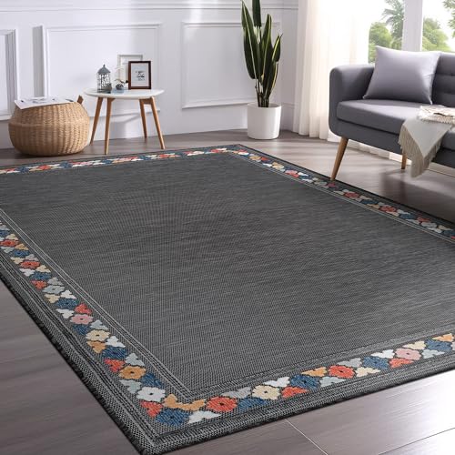 Outdoor Rug 8x10 Modern Bordered Area Rugs for Indoor and Outdoor Patio Easy to Clean Non Shedding Living Room Porch Garden Washable Outside Carpet