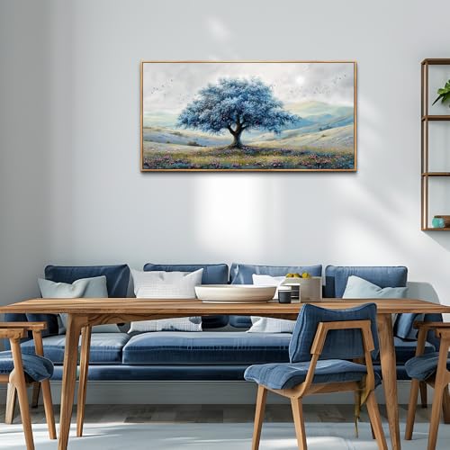 Large Wood Framed Wall Decor For Living Room Canvas Wall Art For Office Modern Wall Decorations For Bedroom Blue Tree Landscape Painting Farmhouse Pictures Artwork Home Decor 24x48 In